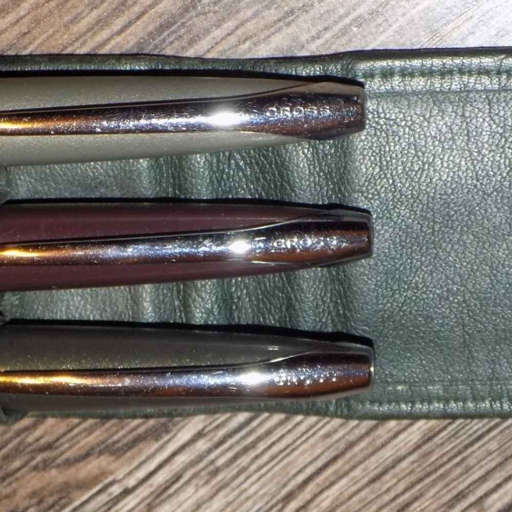 Cross Pen Set 3 Piece Rollerball Fountain Pens Green Leather Case Good Condition - Picture 5 of 8